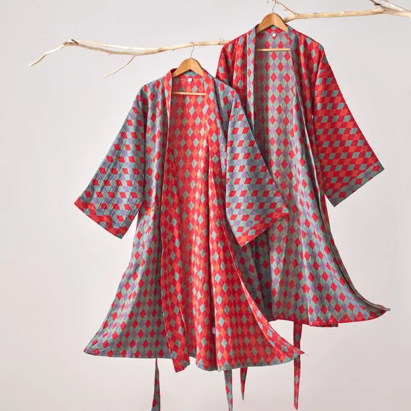 Ownkoti – Klassischer Kimono-Bademantel aus Baumwollgaze mit Rautenmuster