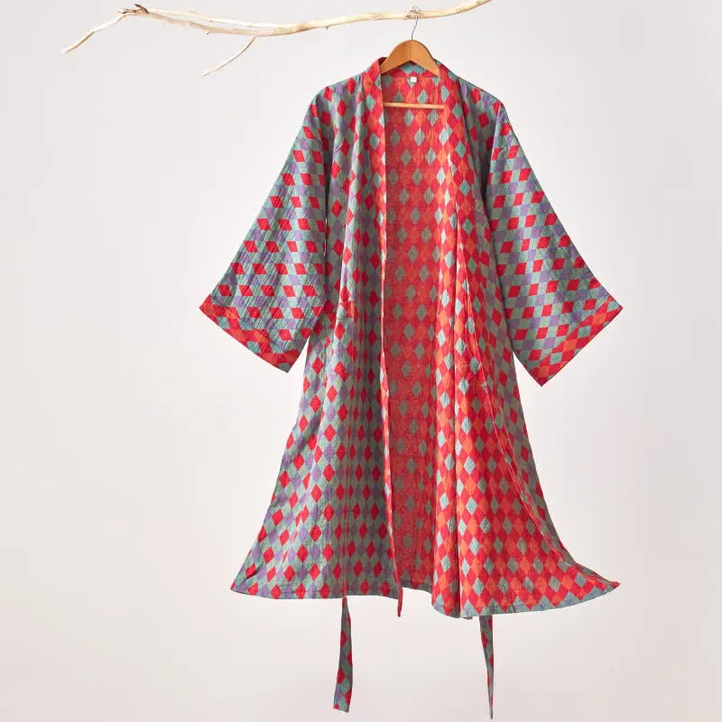Ownkoti – Klassischer Kimono-Bademantel aus Baumwollgaze mit Rautenmuster