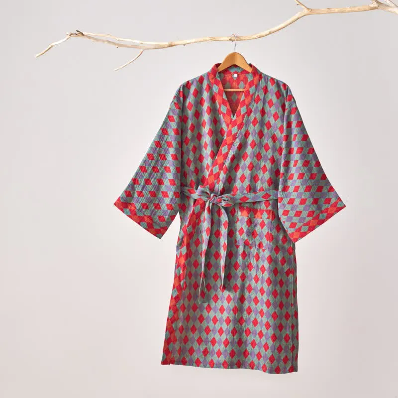 Ownkoti – Klassischer Kimono-Bademantel aus Baumwollgaze mit Rautenmuster