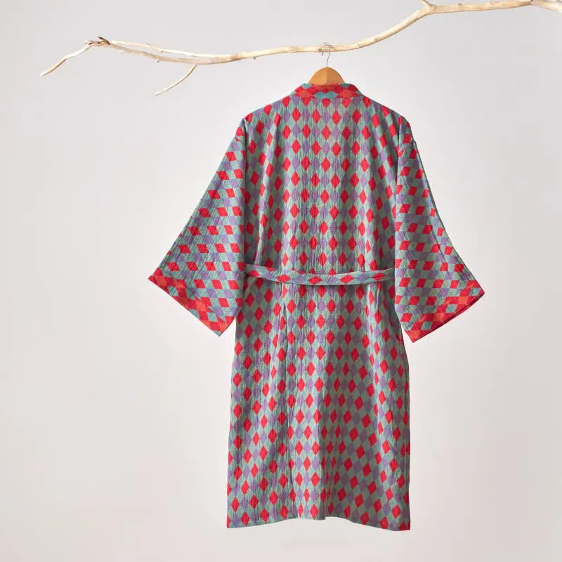 Ownkoti – Klassischer Kimono-Bademantel aus Baumwollgaze mit Rautenmuster