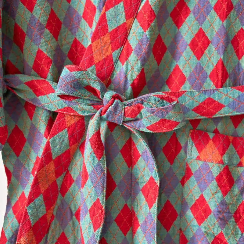 Ownkoti – Klassischer Kimono-Bademantel aus Baumwollgaze mit Rautenmuster