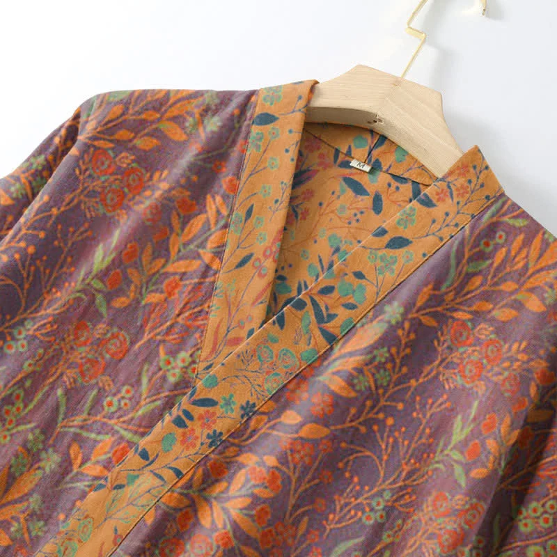 Ownkoti Vintage Kimono-Bademantel aus Baumwollgaze mit Blattmotiven