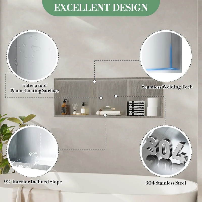 Garvee Nicchia Doccia in Acciaio Inossidabile 30,5x91,4 cm, 3 Ripiani, Montaggio Incassato, Per Bagno e Cucina, Rivestimento Impermeabile, Design Moderno