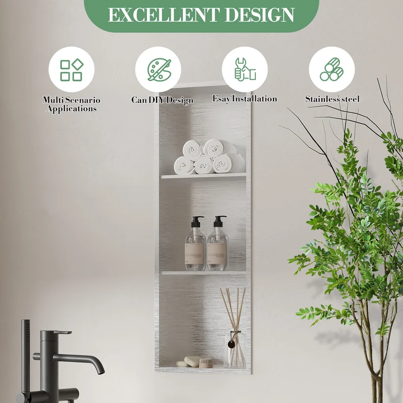 Garvee Nicchia Doccia in Acciaio Inossidabile 30,5x91,4 cm, 3 Ripiani, Montaggio Incassato, Per Bagno e Cucina, Rivestimento Impermeabile, Design Moderno
