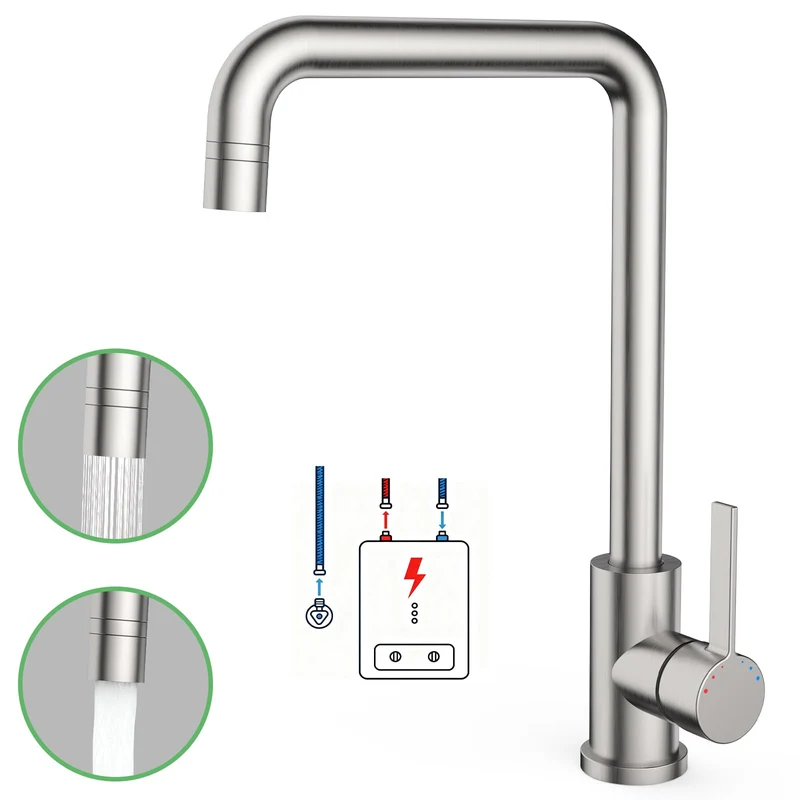 Garvee Rubinetto Cucina Bassa Pressione 3 Attacchi 2 Getti 360° Rotazione Acciaio Inox 304 Risparmio Idrico