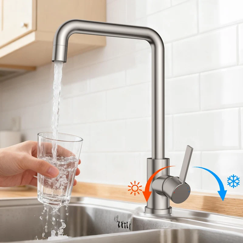 Garvee Rubinetto Cucina Bassa Pressione 3 Attacchi 2 Getti 360° Rotazione Acciaio Inox 304 Risparmio Idrico