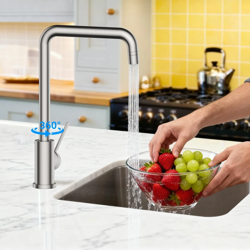 Garvee Rubinetto Cucina Bassa Pressione 3 Attacchi 2 Getti 360° Rotazione Acciaio Inox 304 Risparmio Idrico