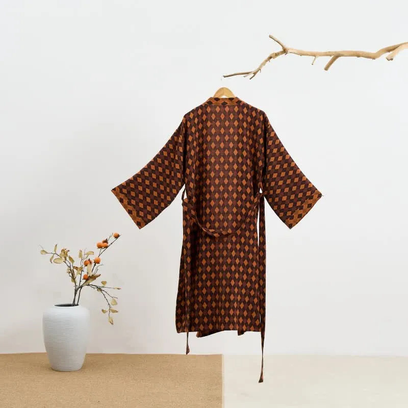 Kimono-Bademantel aus Baumwollgaze mit Rautenmuster