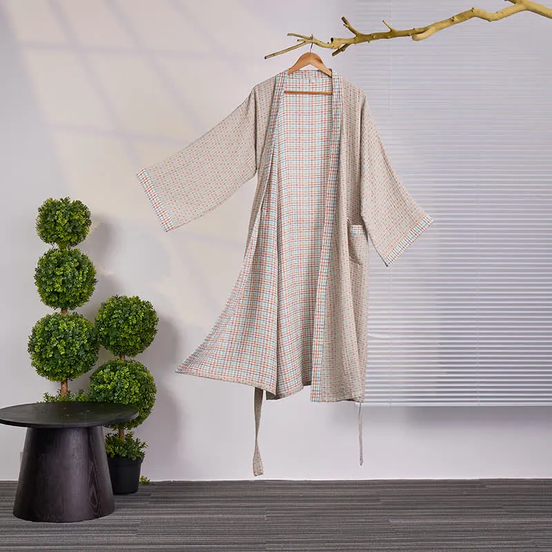 Bunter Kimono-Bademantel aus Baumwollgaze mit Gingham-Muster