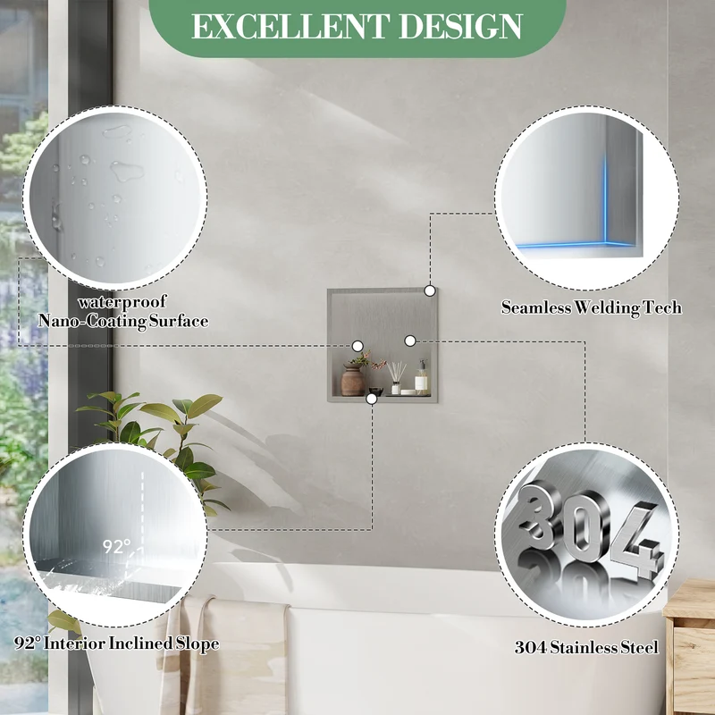 Garvee Nicchia Doccia in Acciaio Inossidabile 30,5x30,5 cm per Bagno Moderno, Drenaggio Ottimale, Facile Installazione, Design Elegante, Multiuso
