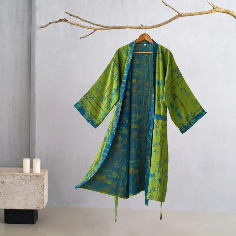 Zweifarbiger Kimono-Bademantel aus Bambus-Baumwoll-Gaze