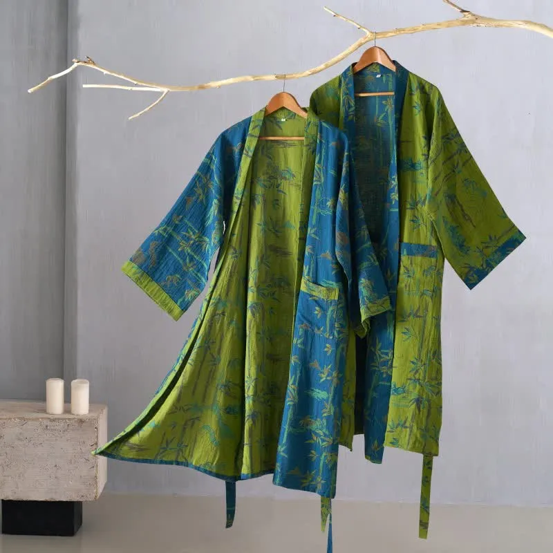 Zweifarbiger Kimono-Bademantel aus Bambus-Baumwoll-Gaze