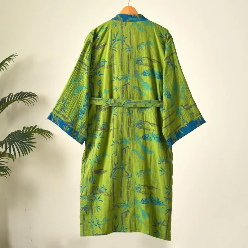 Zweifarbiger Kimono-Bademantel aus Bambus-Baumwoll-Gaze