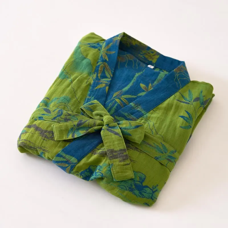 Zweifarbiger Kimono-Bademantel aus Bambus-Baumwoll-Gaze