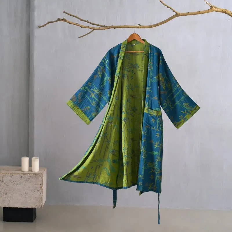 Zweifarbiger Kimono-Bademantel aus Bambus-Baumwoll-Gaze