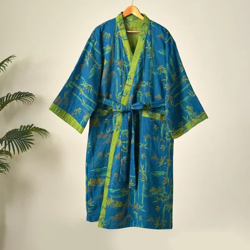Zweifarbiger Kimono-Bademantel aus Bambus-Baumwoll-Gaze
