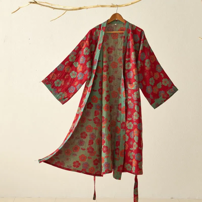 Kimono-Bademantel aus Baumwollgaze mit Pflaumenblüten-Print