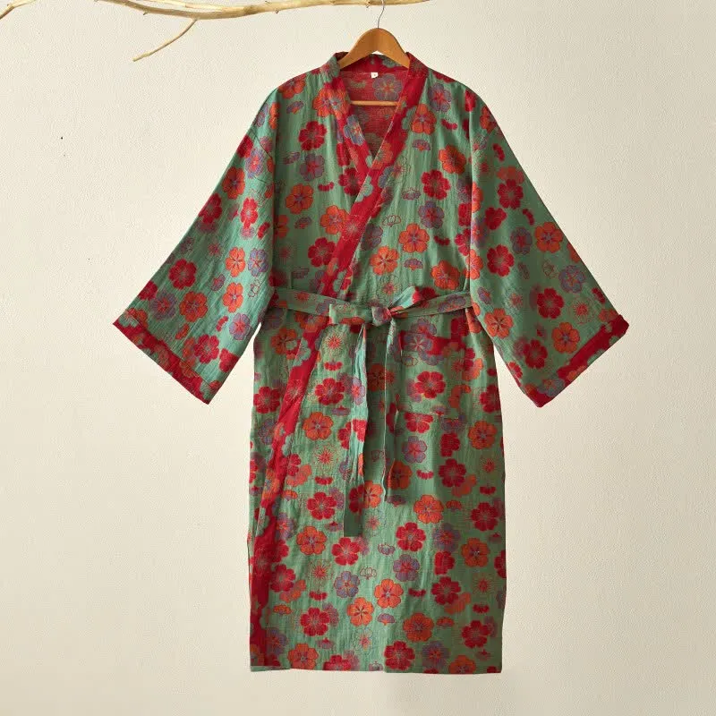 Kimono-Bademantel aus Baumwollgaze mit Pflaumenblüten-Print