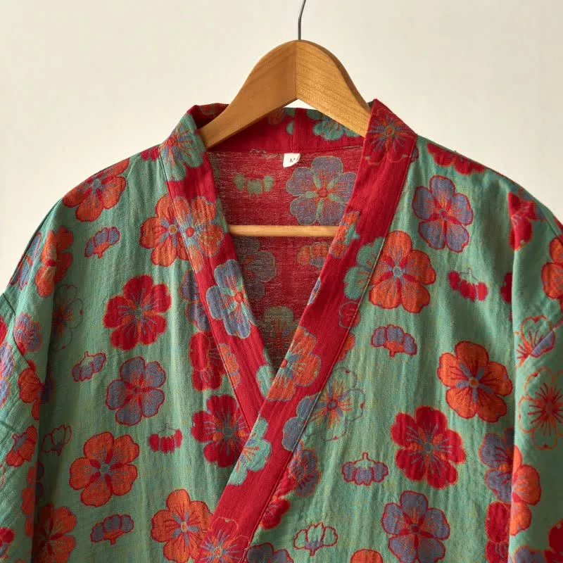 Kimono-Bademantel aus Baumwollgaze mit Pflaumenblüten-Print