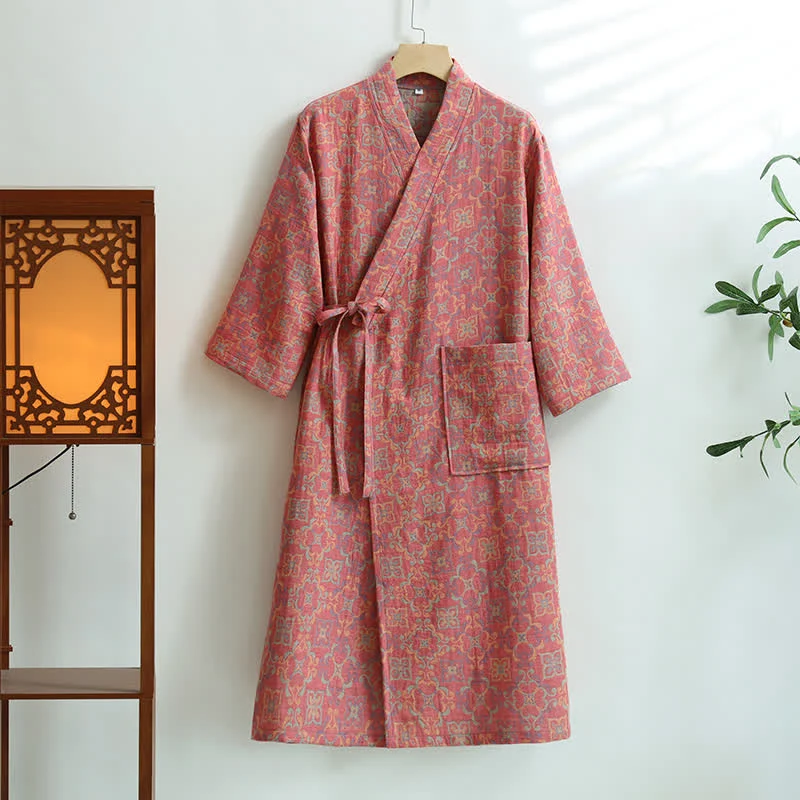 Bademantel aus Baumwollgaze mit Vintage-Blumenmuster und Taschen