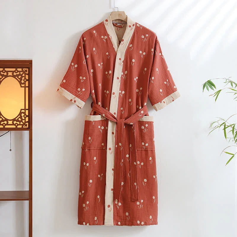 Unisex-Kimono-Bademantel aus Baumwolle mit Tulpenmuster und Tasche