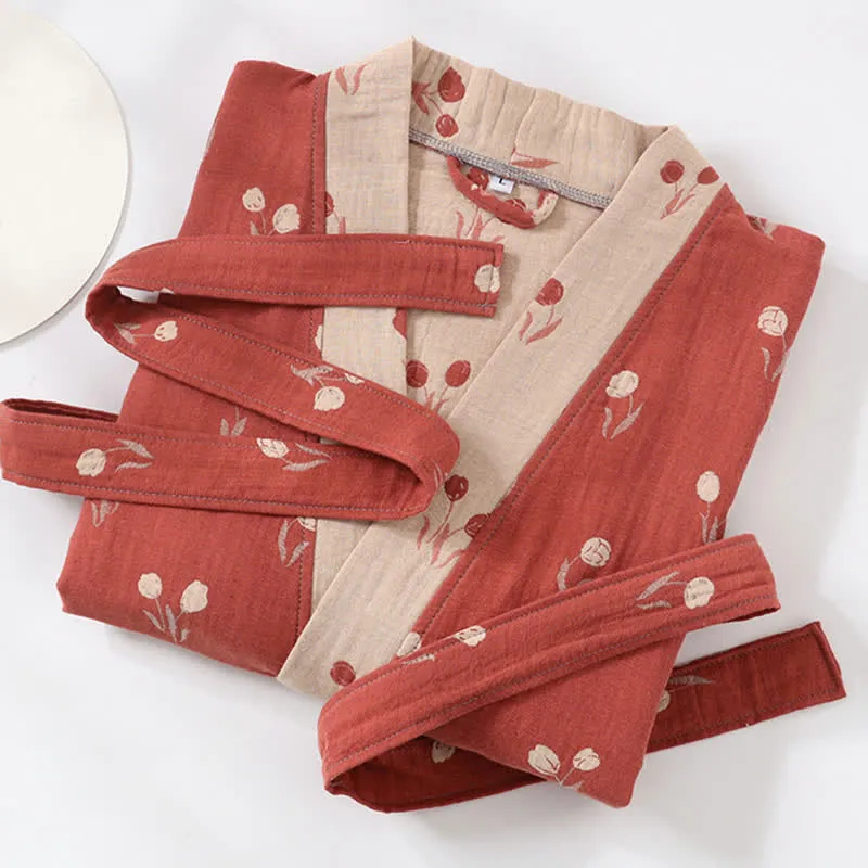 Unisex-Kimono-Bademantel aus Baumwolle mit Tulpenmuster und Tasche