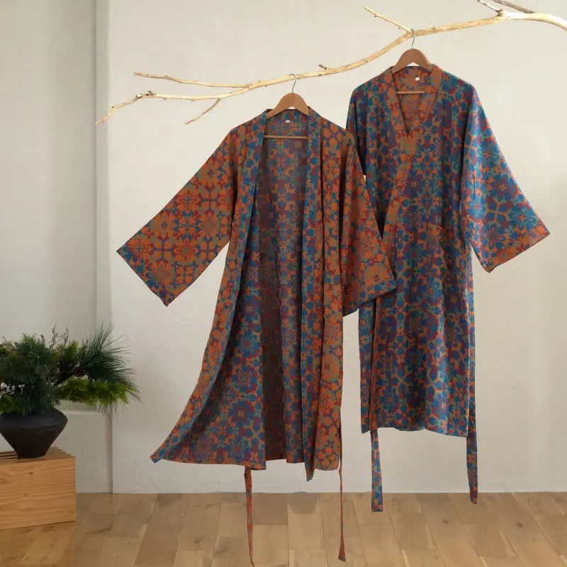 Kimono-Bademantel aus Baumwolle mit geometrischem Retro-Muster