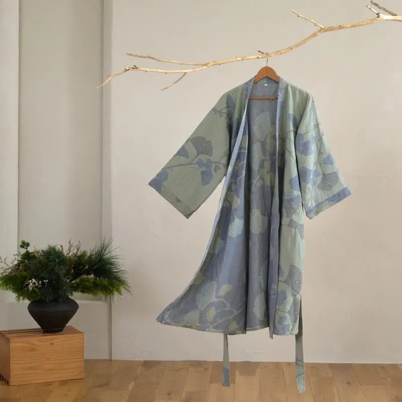 Kimono-Bademantel aus Bio-Baumwolle mit Ginkgoblatt