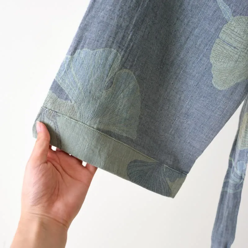 Kimono-Bademantel aus Bio-Baumwolle mit Ginkgoblatt