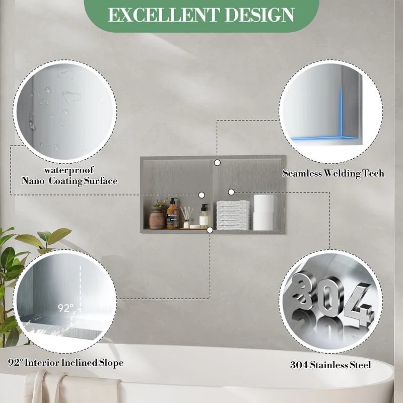 Garvee Nicchia Doccia in Acciaio Inox 12x24, Scolapiatti Integrato, Bagno Moderno, Resistente alla Ruggine, Design Elegante