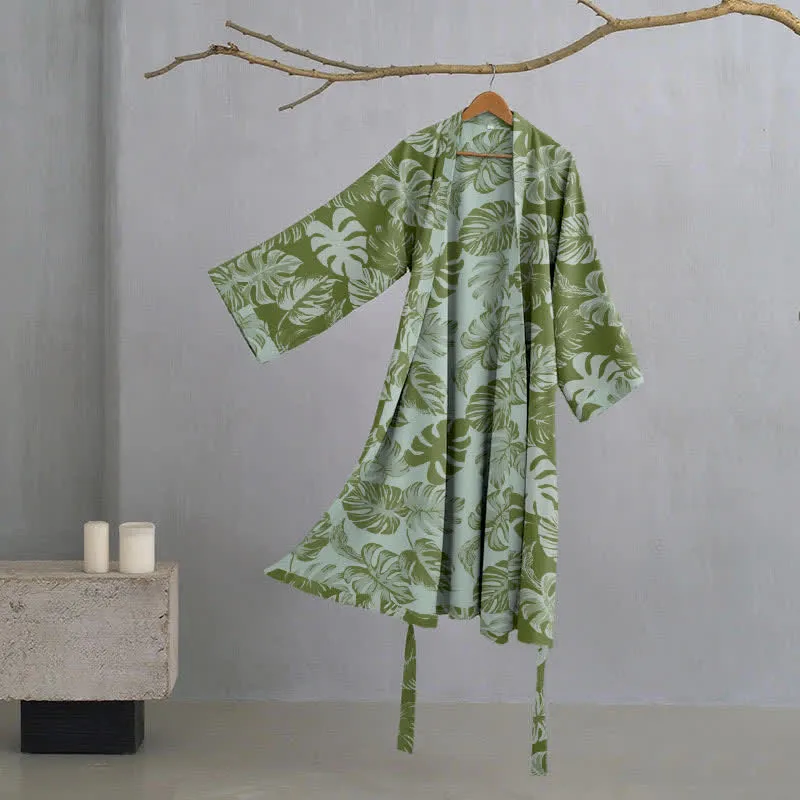 Kimono-Bademantel aus Baumwollgaze mit Monstera-Print