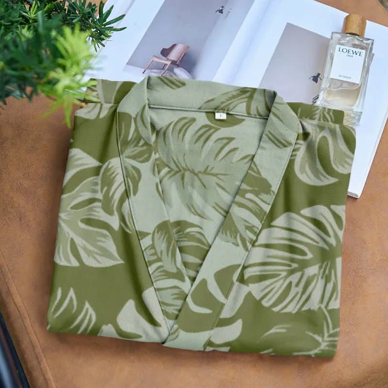 Kimono-Bademantel aus Baumwollgaze mit Monstera-Print