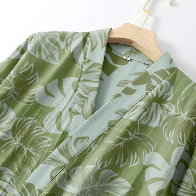 Kimono-Bademantel aus Baumwollgaze mit Monstera-Print