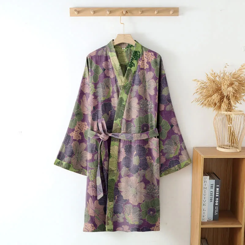 Kimono-Bademantel aus Baumwollgaze in Pfirsichblüte