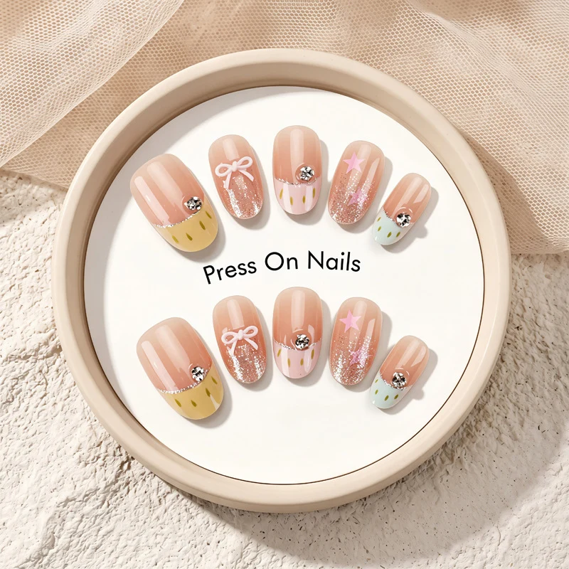 Decorative Press-On Nail Set with Star and Bow Designs Stornfield