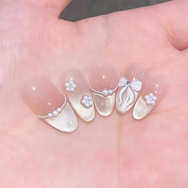 Decorative Press-On Nail Set with Pearl and Floral Accents Stornfield