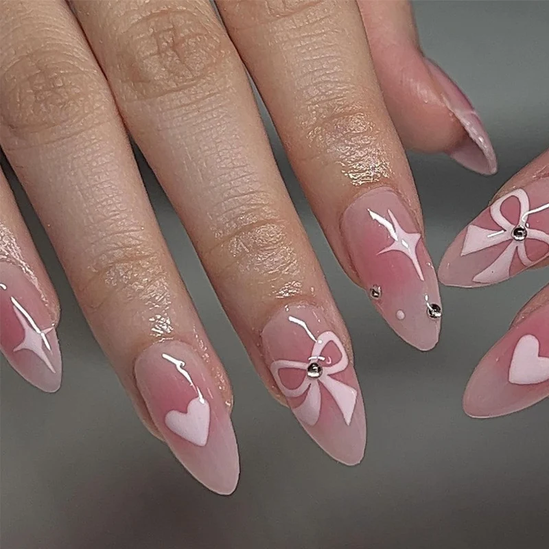 Decorative Press-On Nail Art Set with Heart and Bow Designs Stornfield