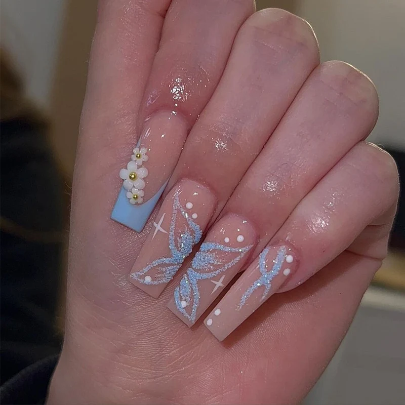Decorative Long Press-On Nail Set with Floral and Glitter Accents Stornfield