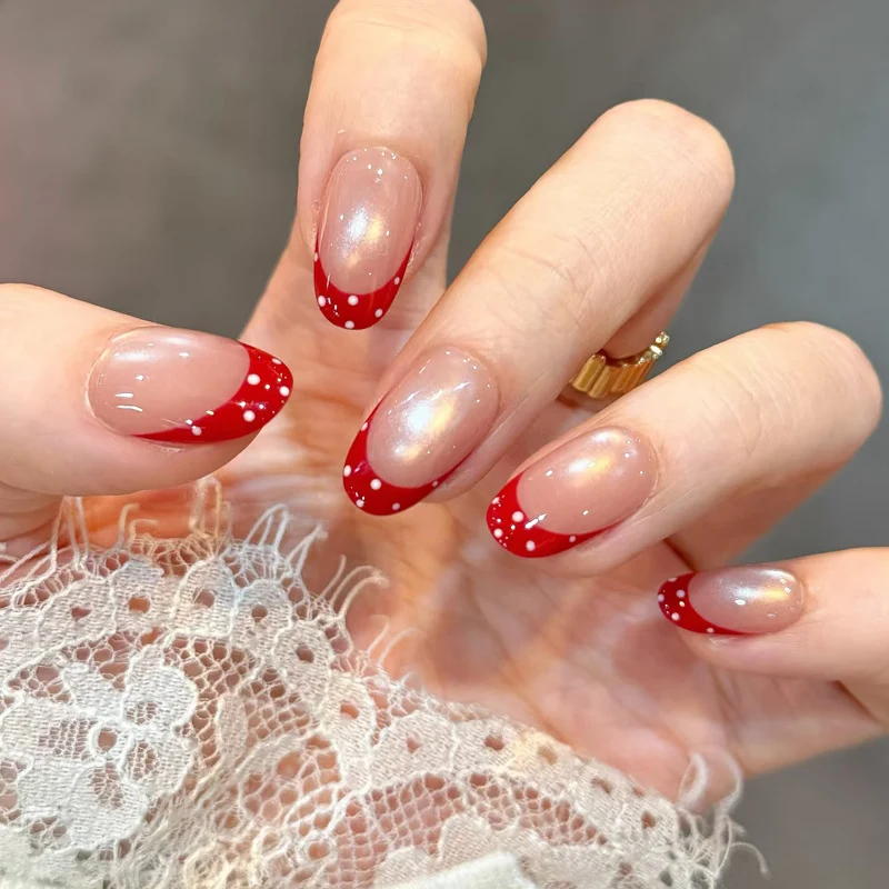 Elegant French Tip Press-On Nail Set with Dotted Accents Stornfield