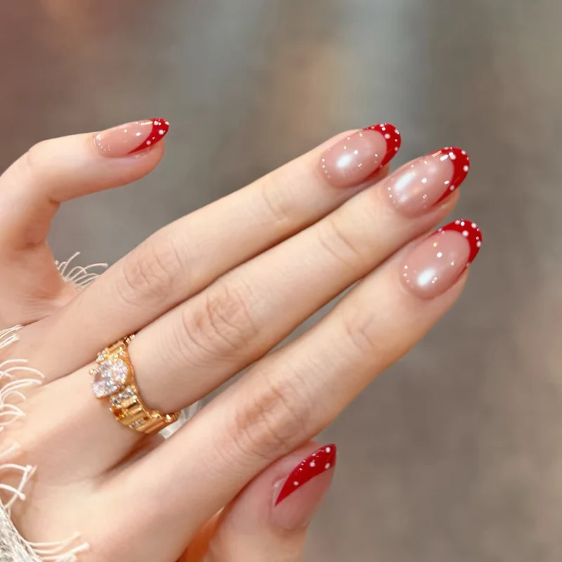Elegant French Tip Press-On Nail Set with Dotted Accents Stornfield