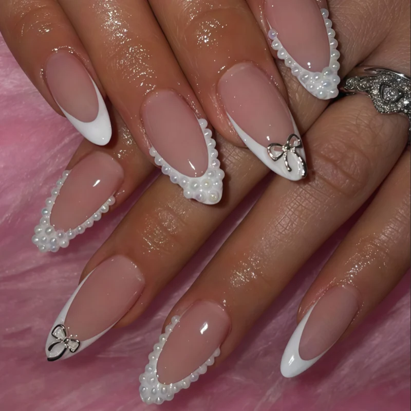 Elegant Acrylic Press-On Nail Set with Pearl and Bow Accents Stornfield