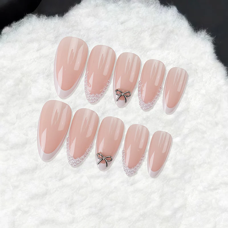 Elegant Acrylic Press-On Nail Set with Pearl and Bow Accents Stornfield