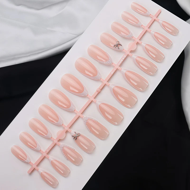 Elegant Acrylic Press-On Nail Set with Pearl and Bow Accents Stornfield