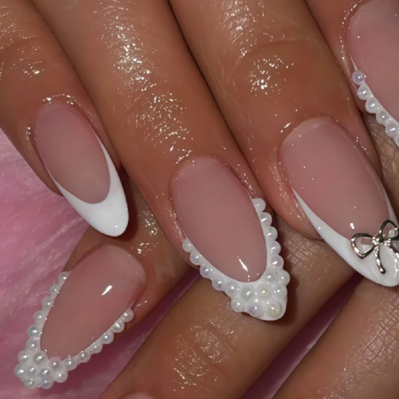 Elegant Acrylic Press-On Nail Set with Pearl and Bow Accents Stornfield
