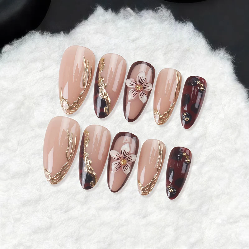 Decorative Stiletto Press-On Nails with Floral and Gold Accents Stornfield