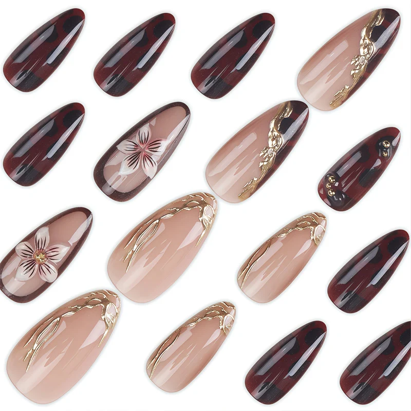 Decorative Stiletto Press-On Nails with Floral and Gold Accents Stornfield