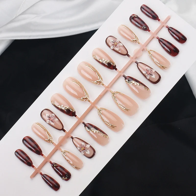 Decorative Stiletto Press-On Nails with Floral and Gold Accents Stornfield