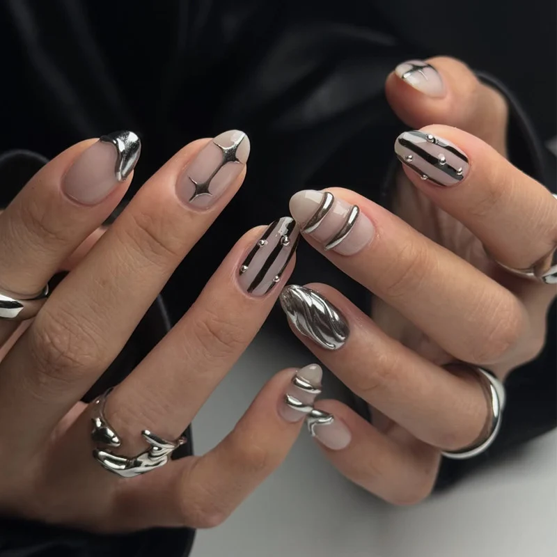 Artistic Metallic Embellished Press-On Nails Stornfield