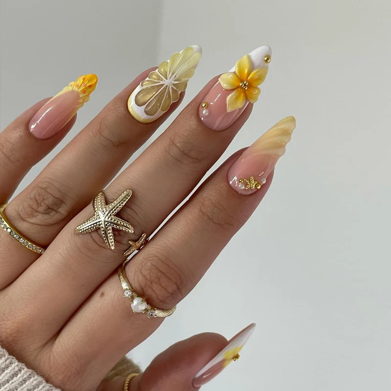 Artistic Floral Stiletto Press-On Nails Set with 3D Details Stornfield