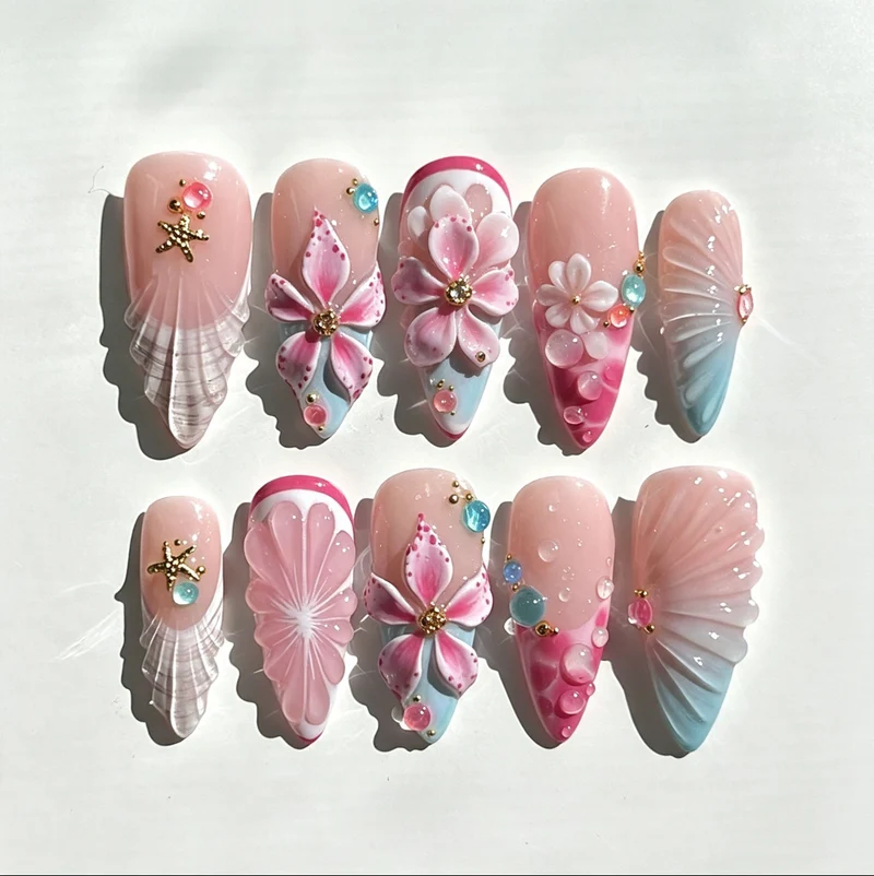 Artistic Floral Press-On Nail Set with 3D Accents Stornfield